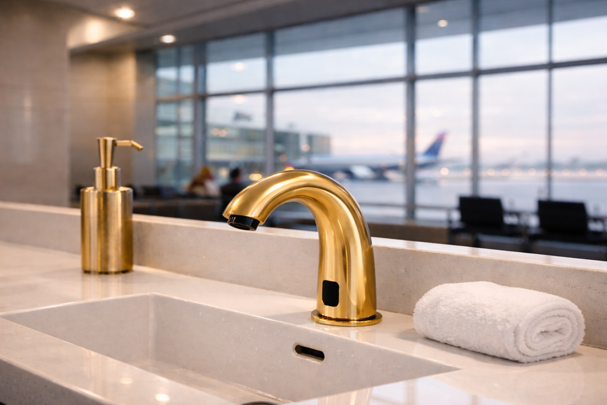 Commercial sensor faucet in modern airport restroom